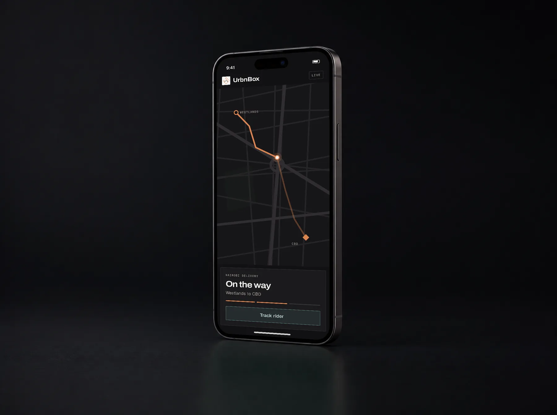 UrbnBox app showing a rider on the way from Westlands to CBD