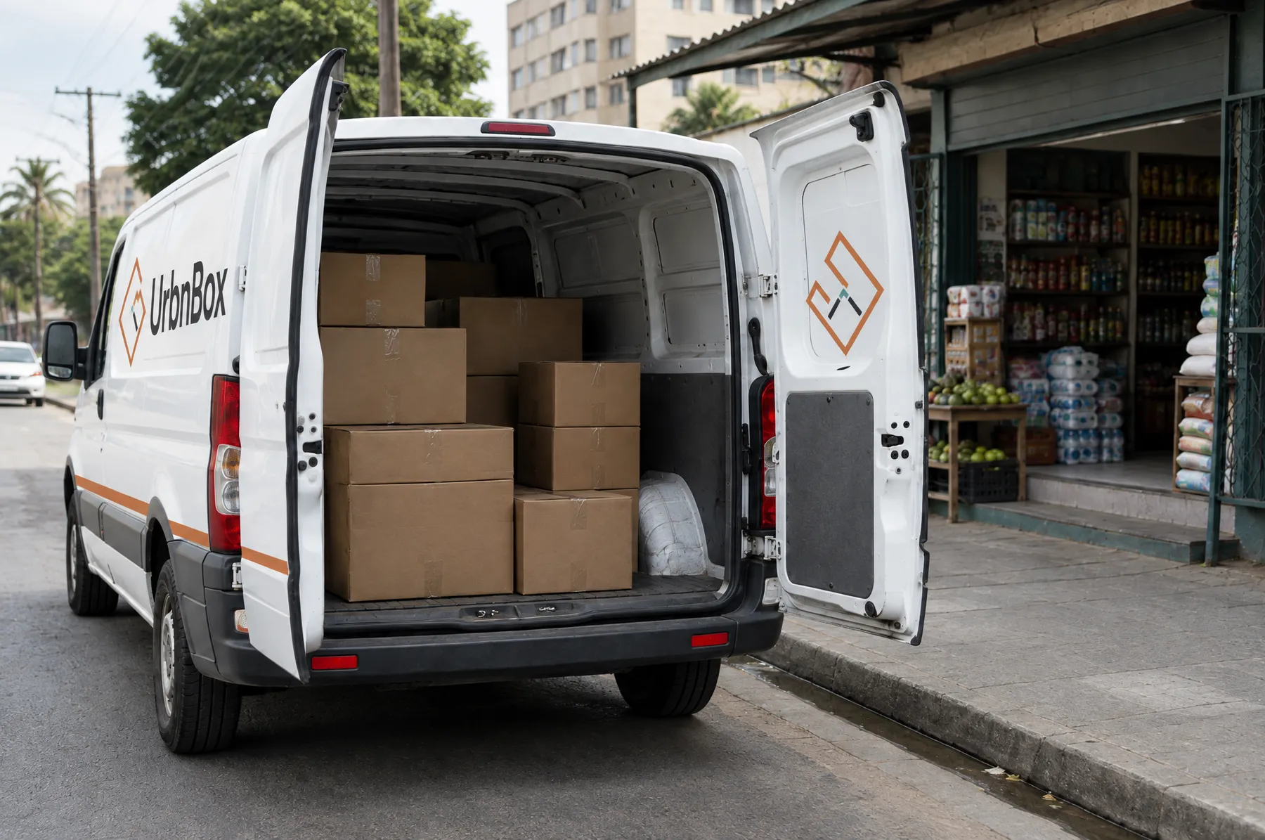 Van unloading cartons at a Nairobi shop