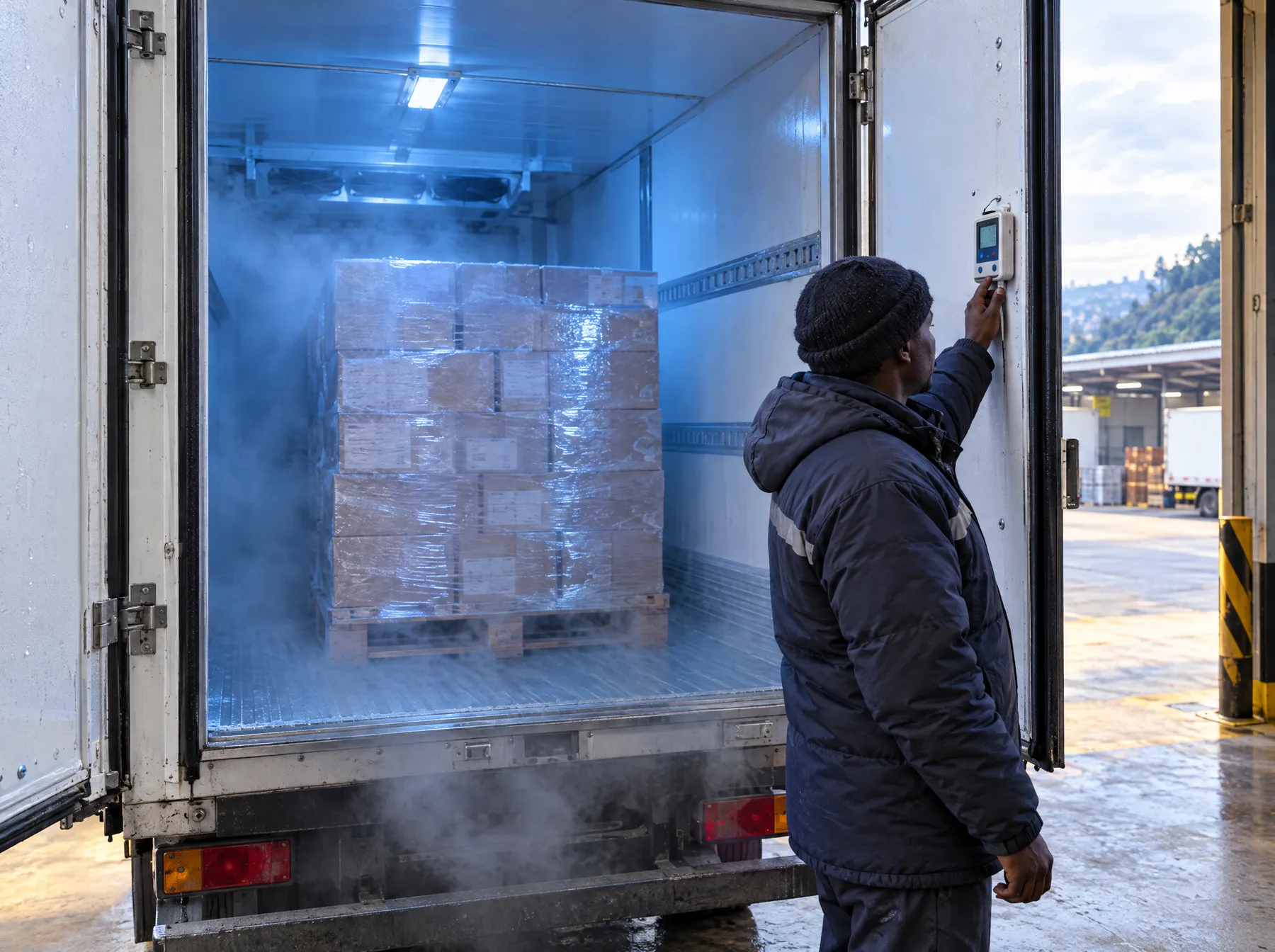 Worker checking the temperature logger inside a refrigerated truck at a cold store