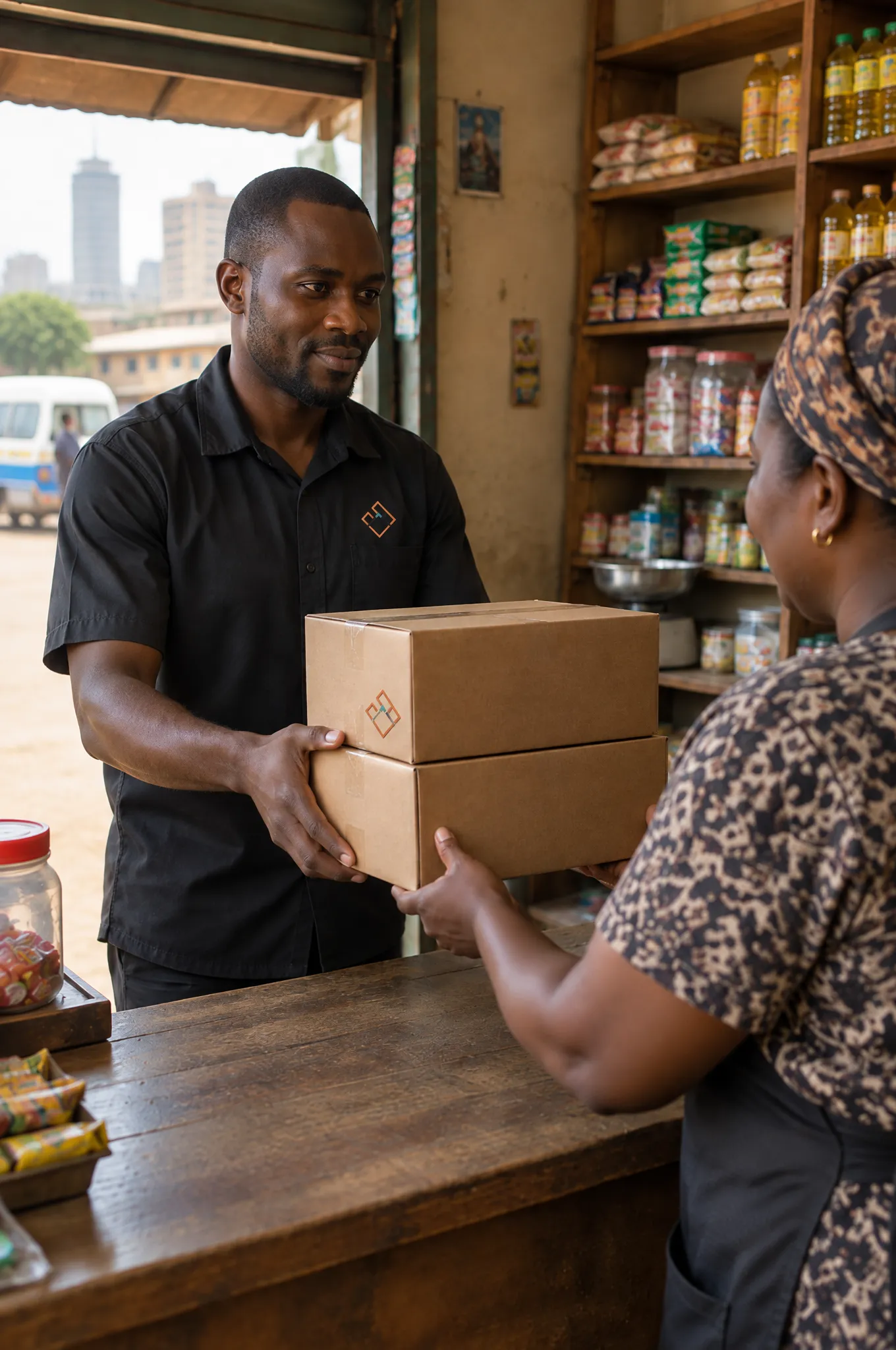 UrbnBox driver handing cartons to a Nairobi shopkeeper