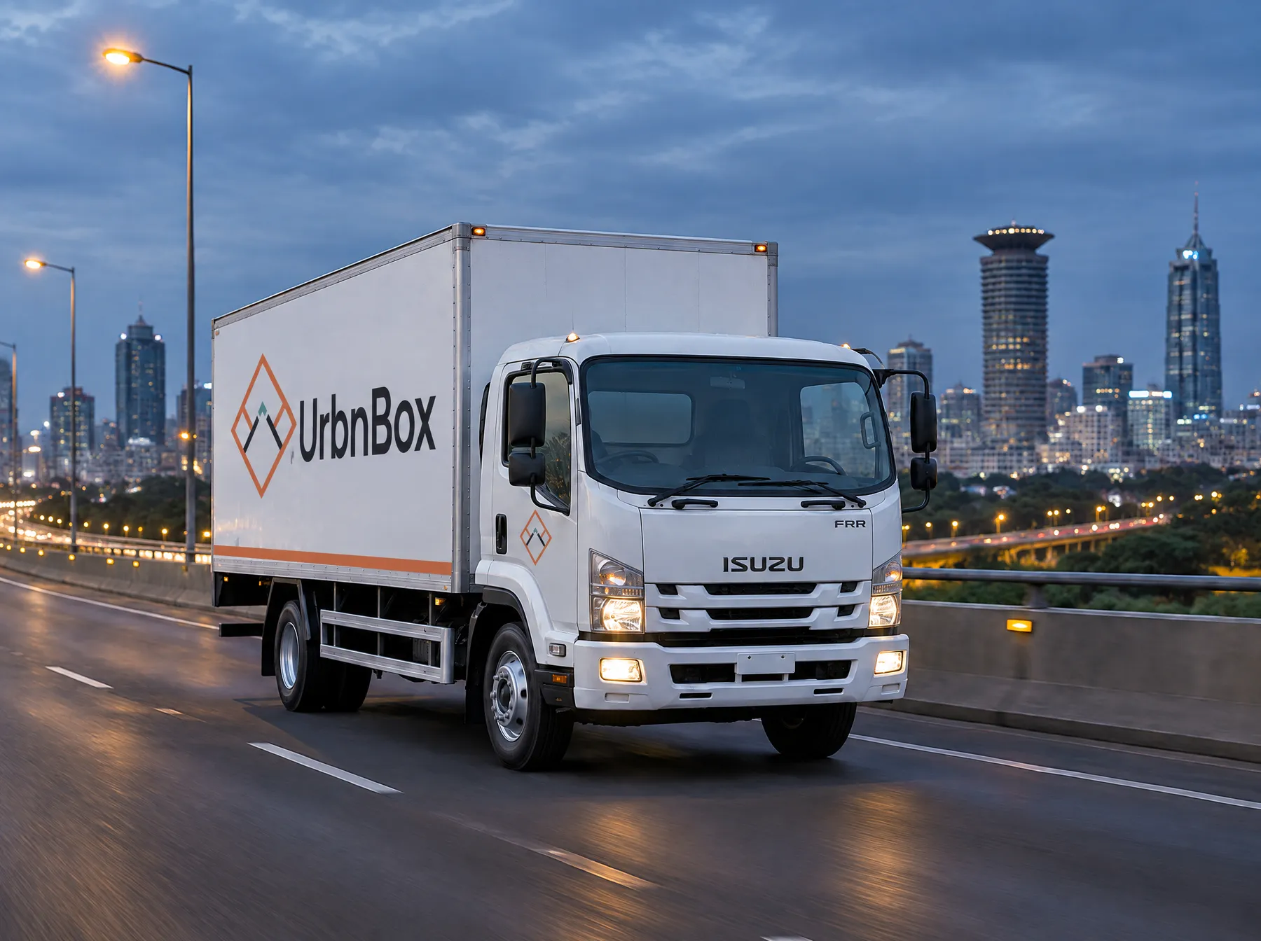 UrbnBox box truck on the Nairobi Expressway at dusk