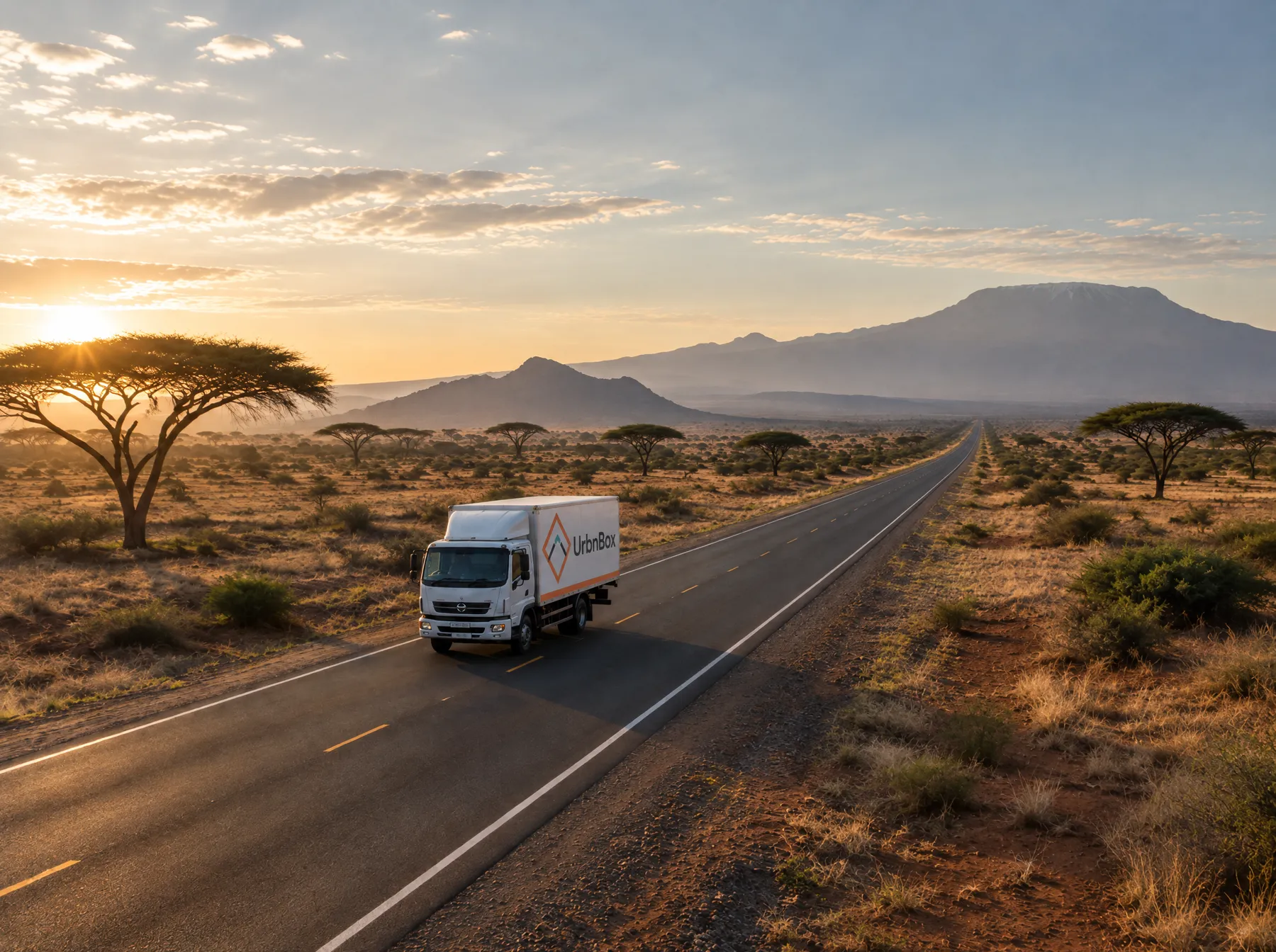 UrbnBox truck on the Nairobi to Mombasa highway through Tsavo