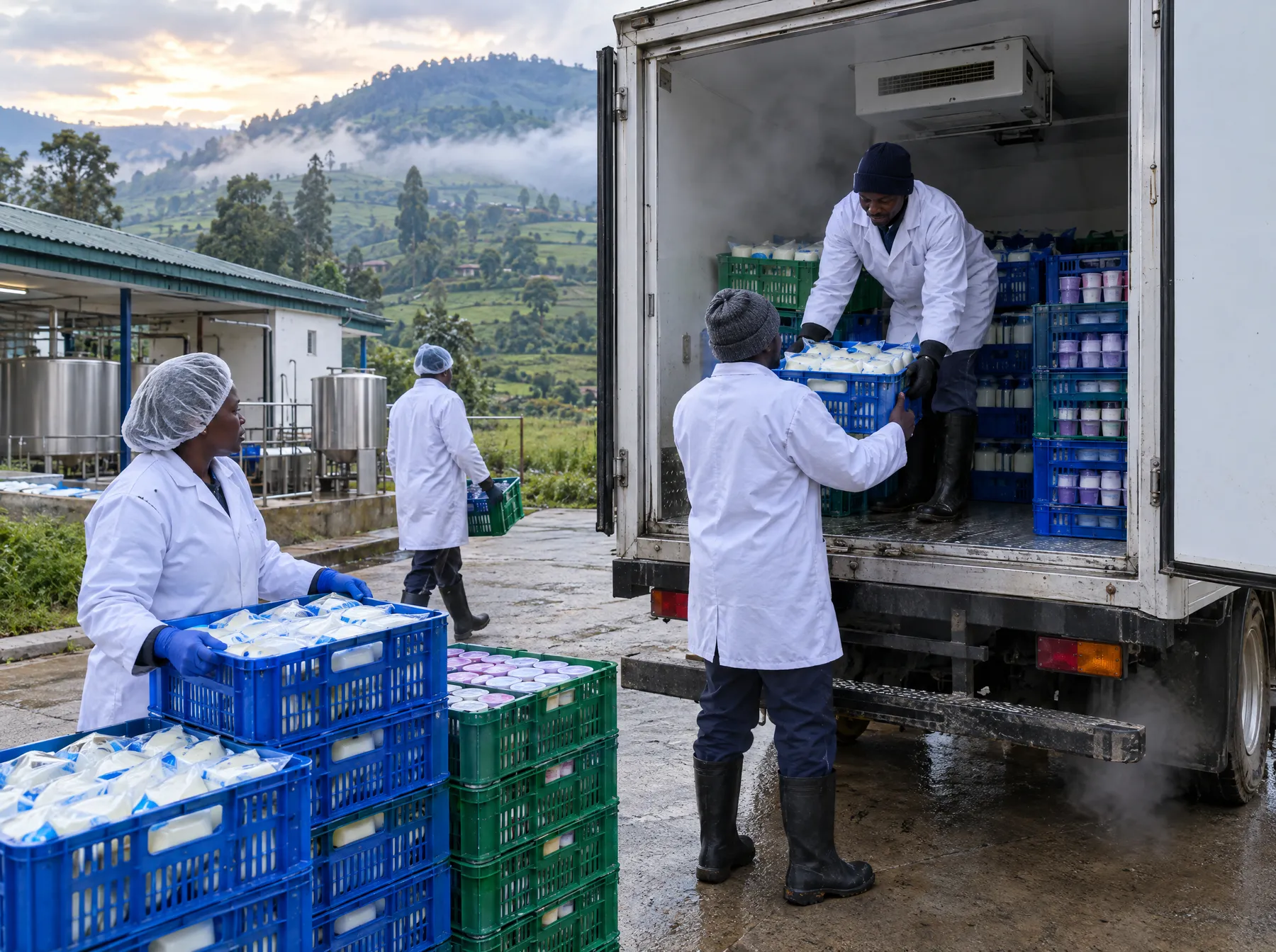 Crates of milk loaded into a refrigerated truck at a highland dairy cooling centre