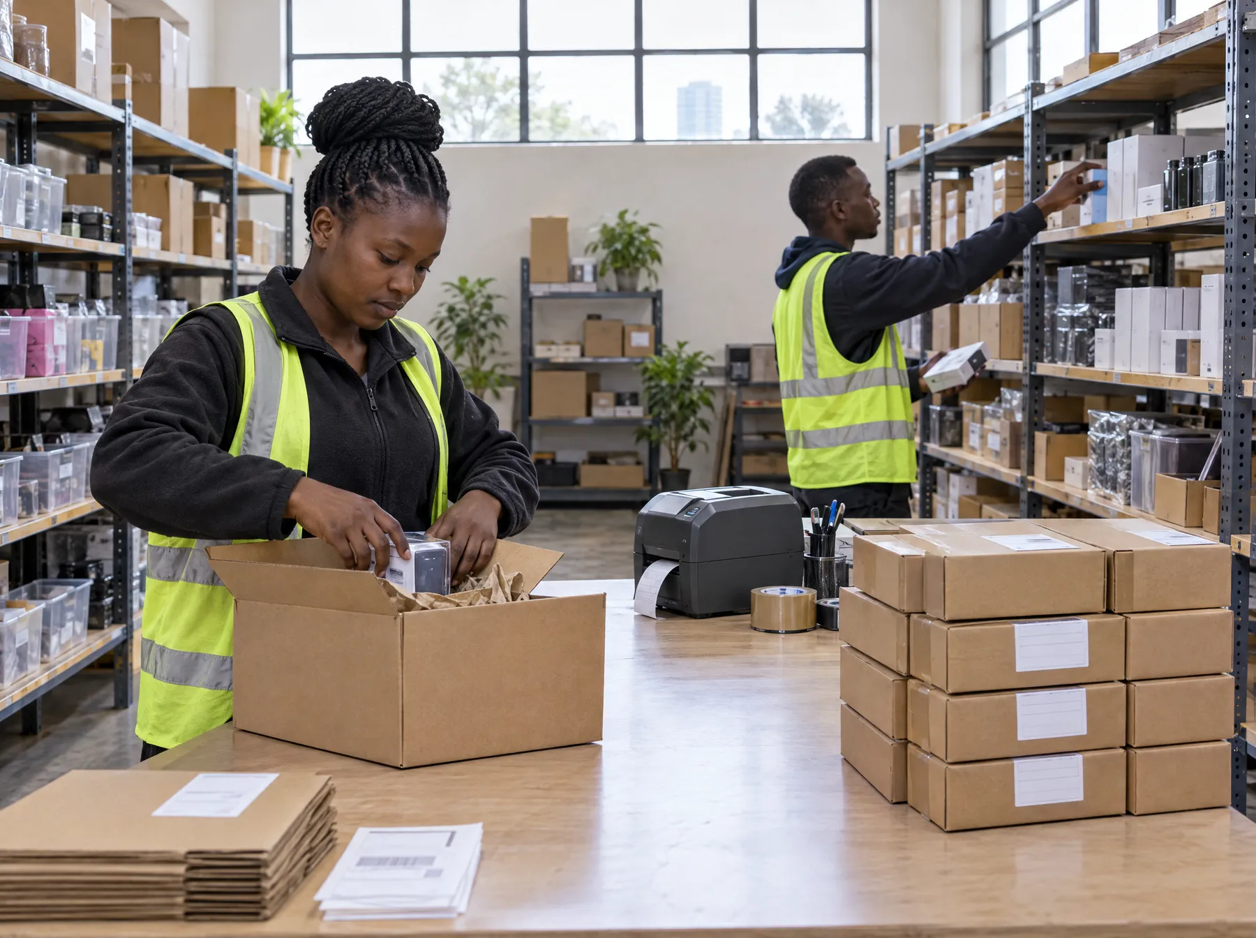 Workers picking and packing online orders in a Nairobi fulfilment room
