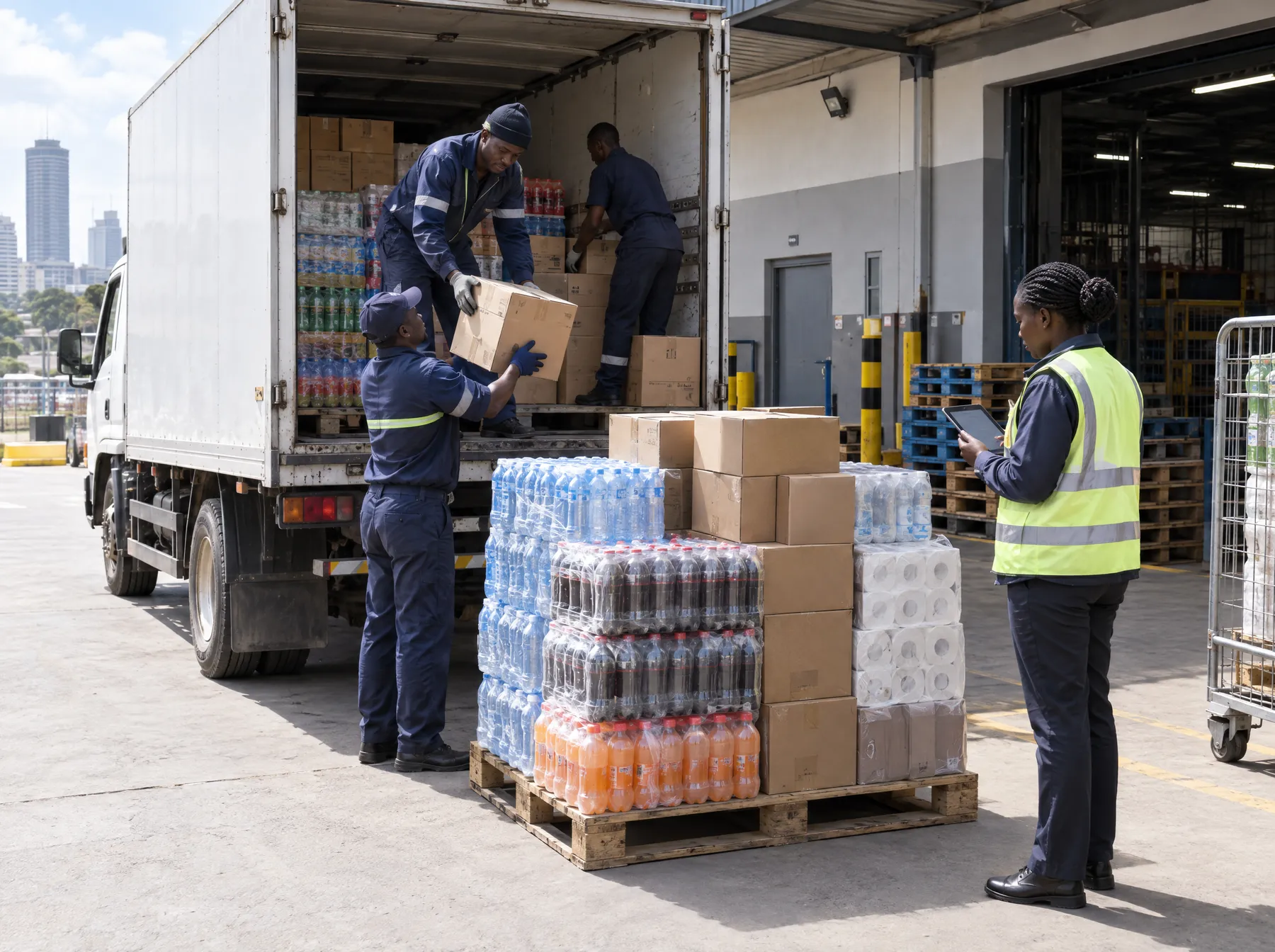 Cartons offloaded from a truck at a supermarket receiving bay, checked on a tablet