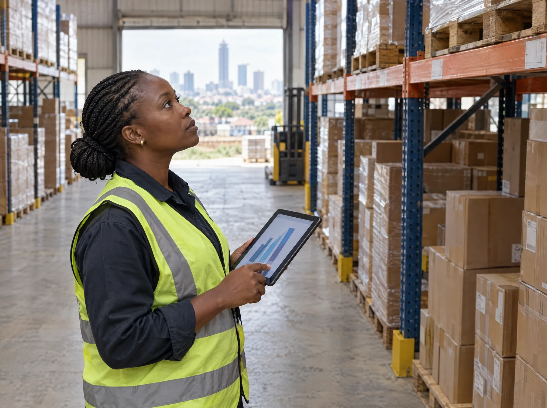 Warehouse supervisor checking stock levels on a tablet between pallet racks