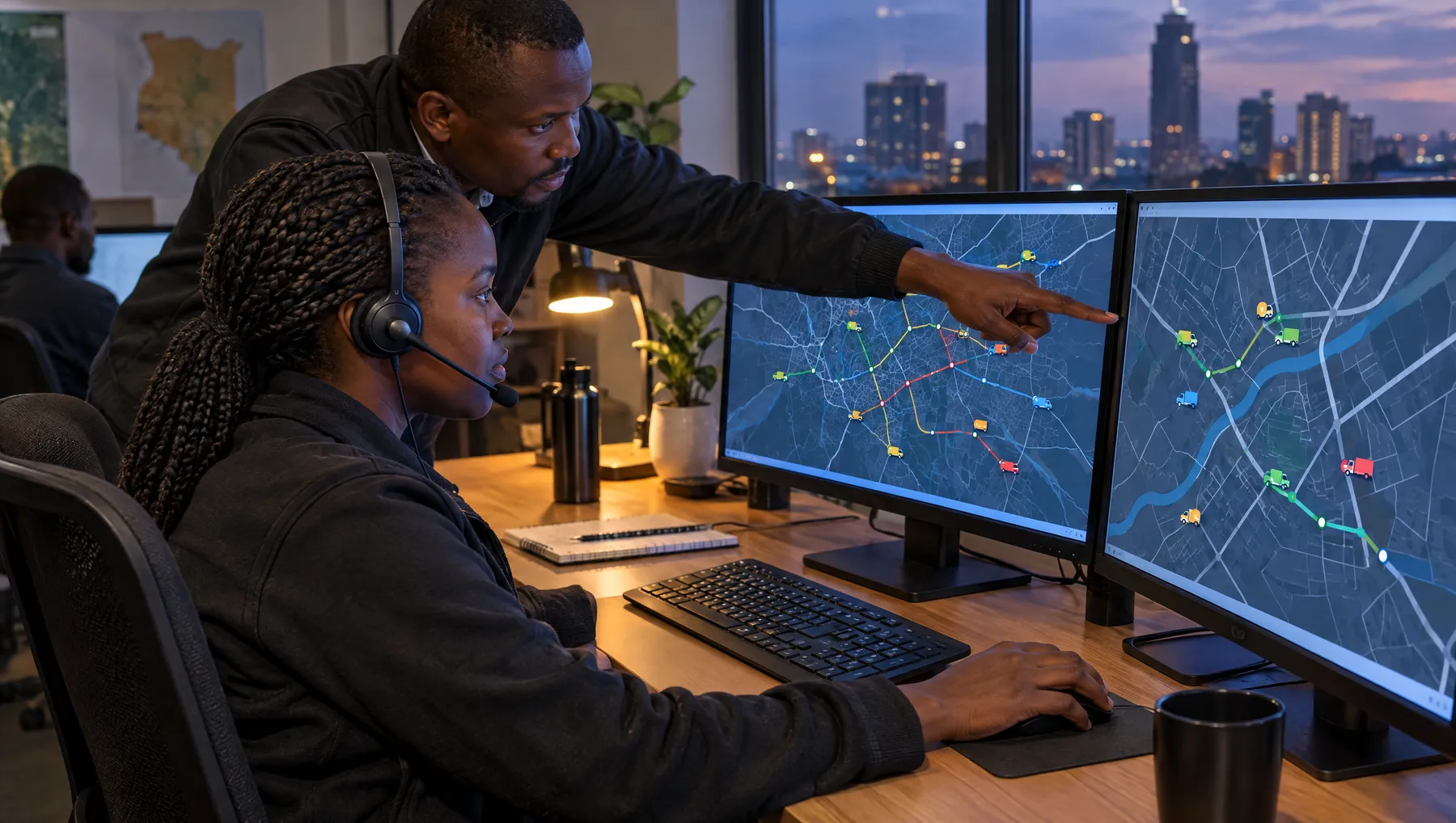 Dispatcher following vehicles on a live map in a Nairobi operations room
