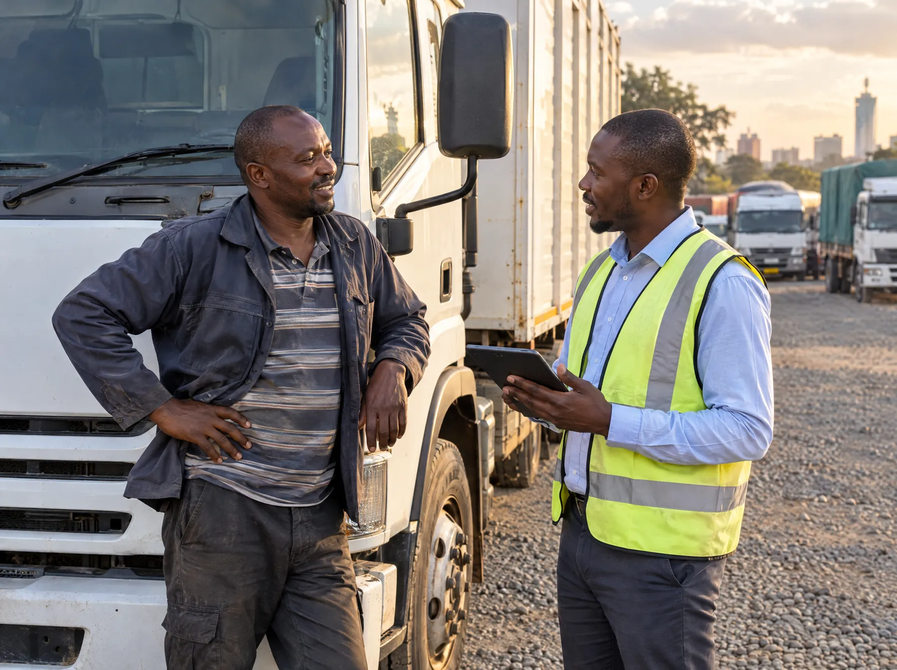 Truck owner-driver beside his truck, talking with a logistics coordinator