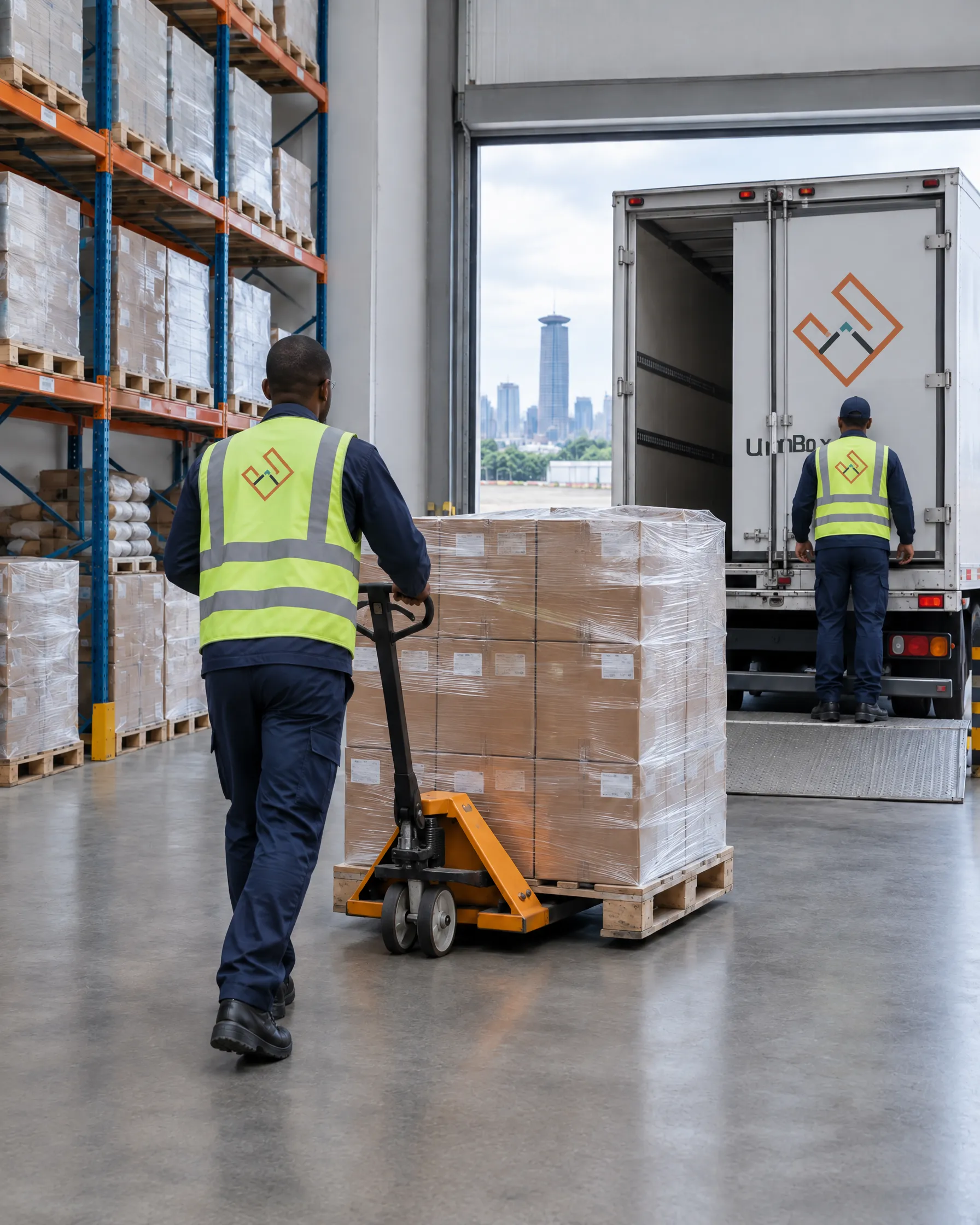Pallets loading into an UrbnBox truck at a Nairobi warehouse