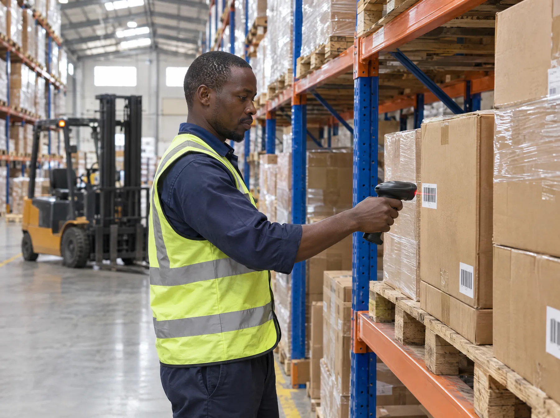 Warehouse worker scanning a carton between pallet racks in Nairobi